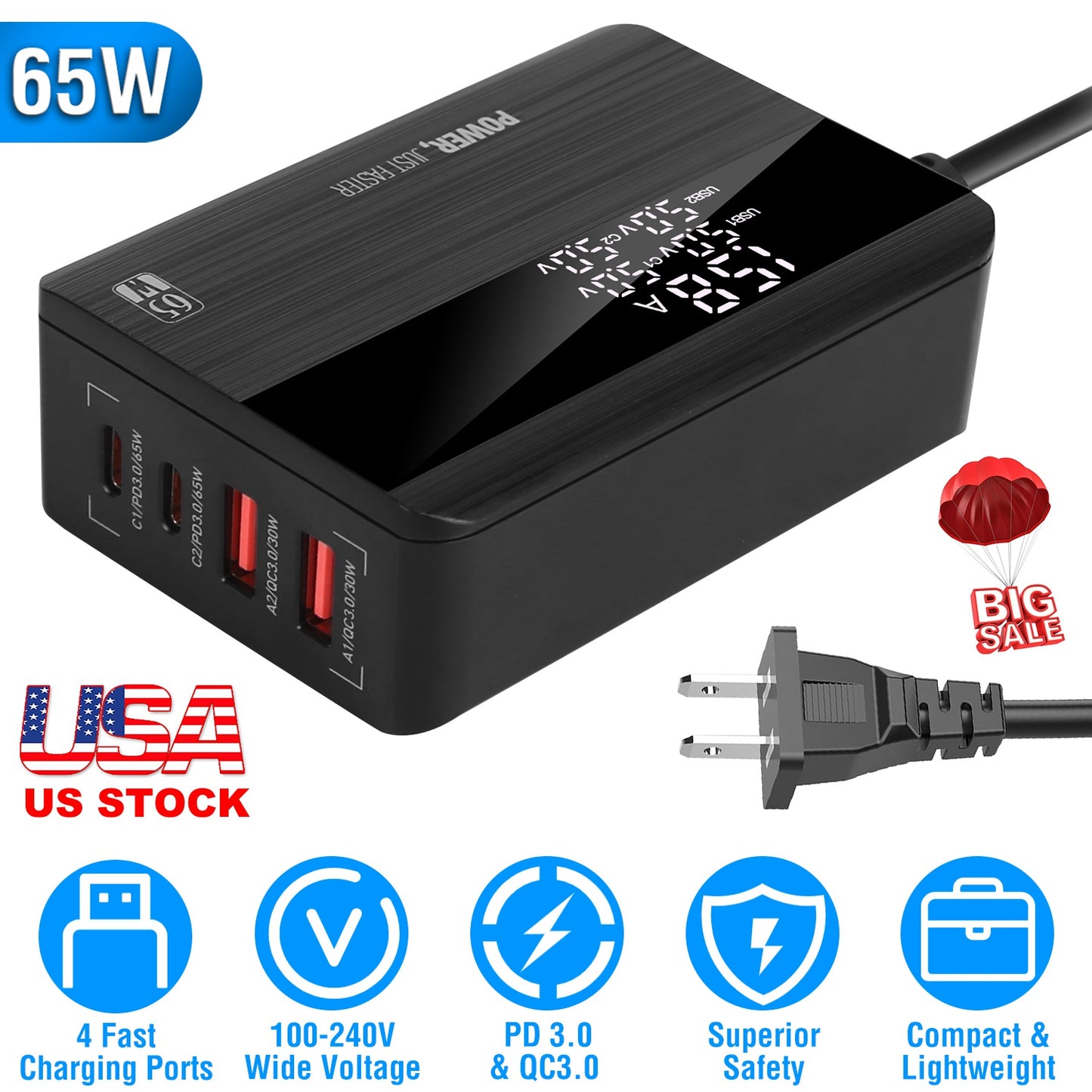 65W Fast Wall Charger 4 Port USB Charging Station PD3.0 QC3.0 Adapter Fit for iPhone 14 13 12 11 Samsung S22 S21 Switch MacBook iPad