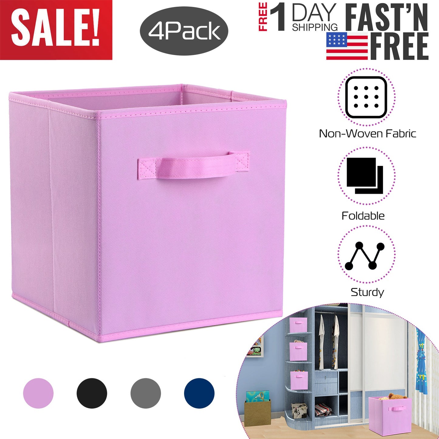 iMounTEK 4 Pack Foldable Storage Cube Bins Cloths Closet Space Organizer Basket Shelves Box for Clothes Toys Books Cabinet