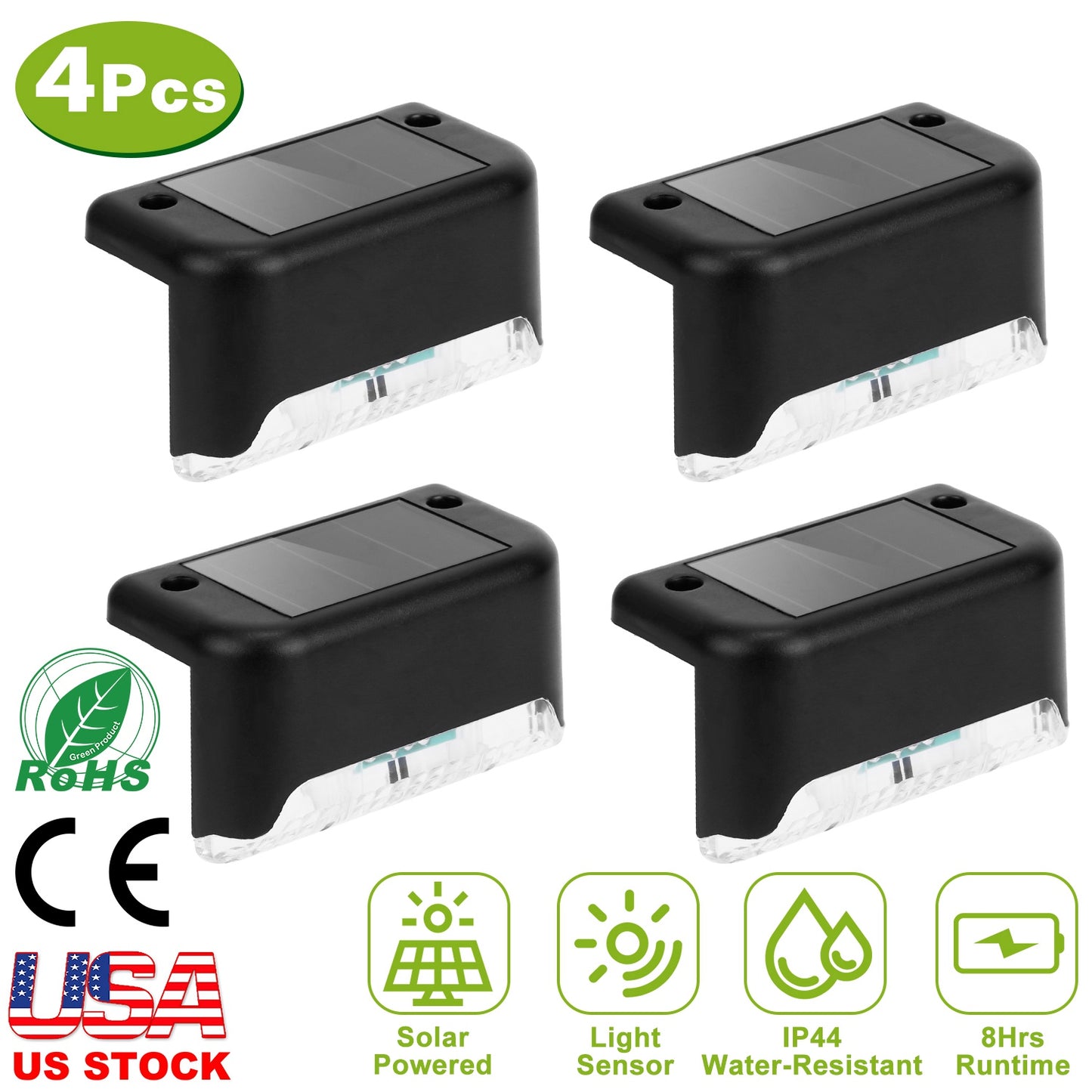 4Pcs Solar Powered LED Step Lights Outdoor Water-Resistant Dusk To Dawn Sensor Fence Lamps For Stairs Yard Railing
