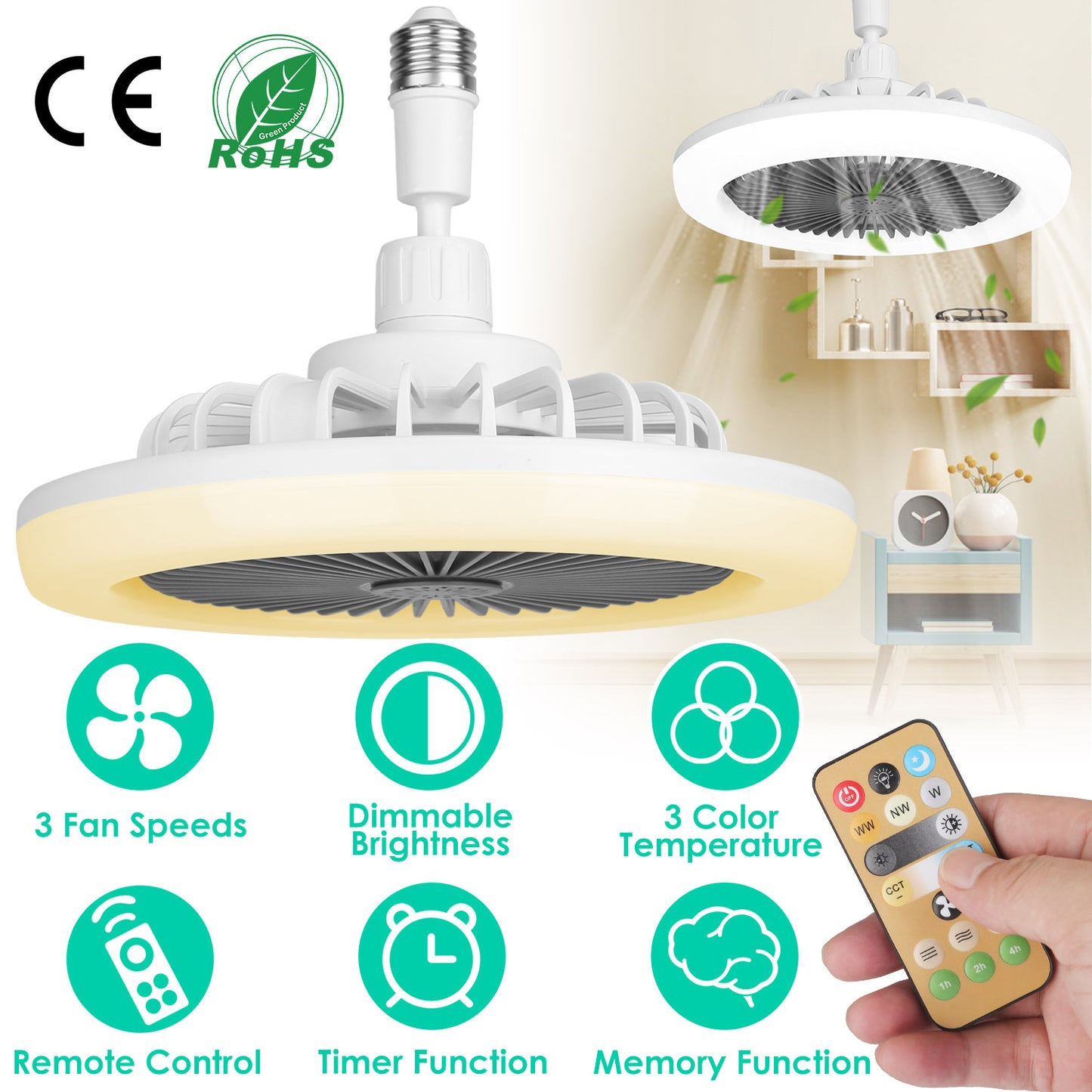 Ceiling Fan With Lights Remote Control 9.44in E27 Socket Fanlight with Dimmable Dimming Light Color Brightness 3 Fan Speed Timer Function