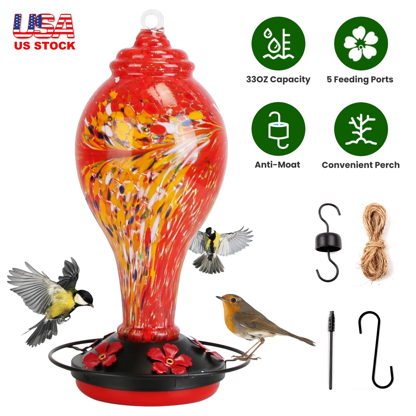 Glass Hummingbird Feeder 33OZ Hand Blown Hummingbird Feeder with 5 Flower Feeding Port Perch Ant Moat Hanging Hook S Hook Hemp Rope Cleaning Brush for