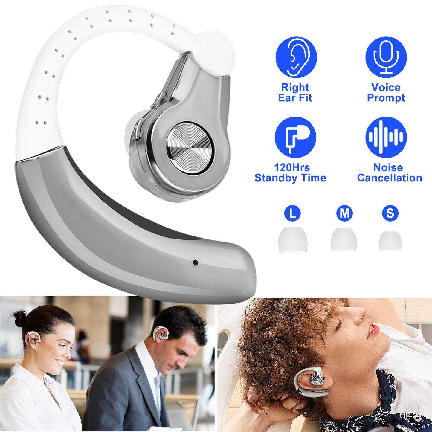 Wireless Earpiece Right In-Ear Wireless Earphone w/ Mic Earhook For Business Office Driving 120Hrs Playtime