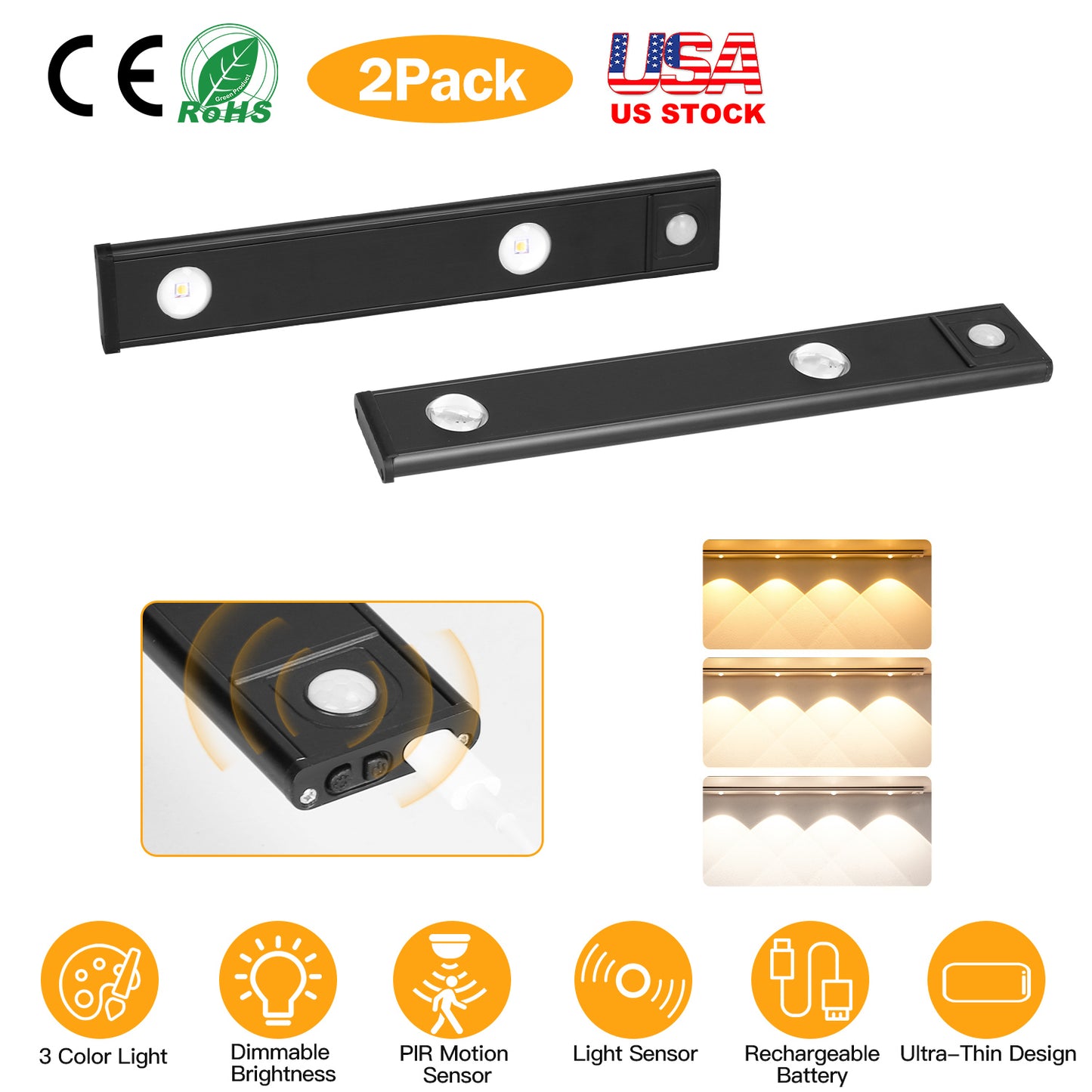 2Pack Rechargeable Cabinet Light Motion Sensor Light Cordless LED Closet Lamp 3 Colors Dimmable Light for Kitchen Cabinet