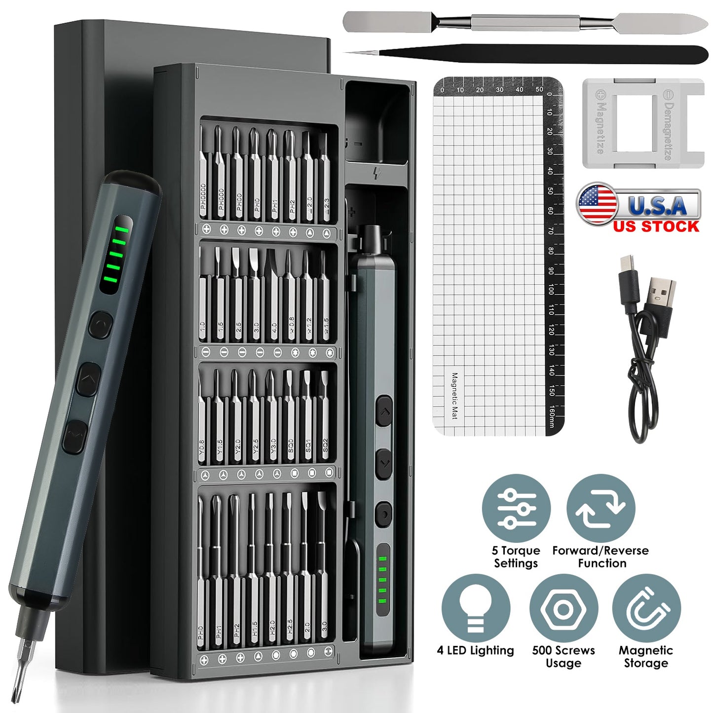 70 In 1 3.7V Mini Electric Screwdriver Kit Rechargeable Magnetic Repair Tool Kit with 5 Torque Settings 64 S2 Precision Bits 4 LED Lights for Phone Ca