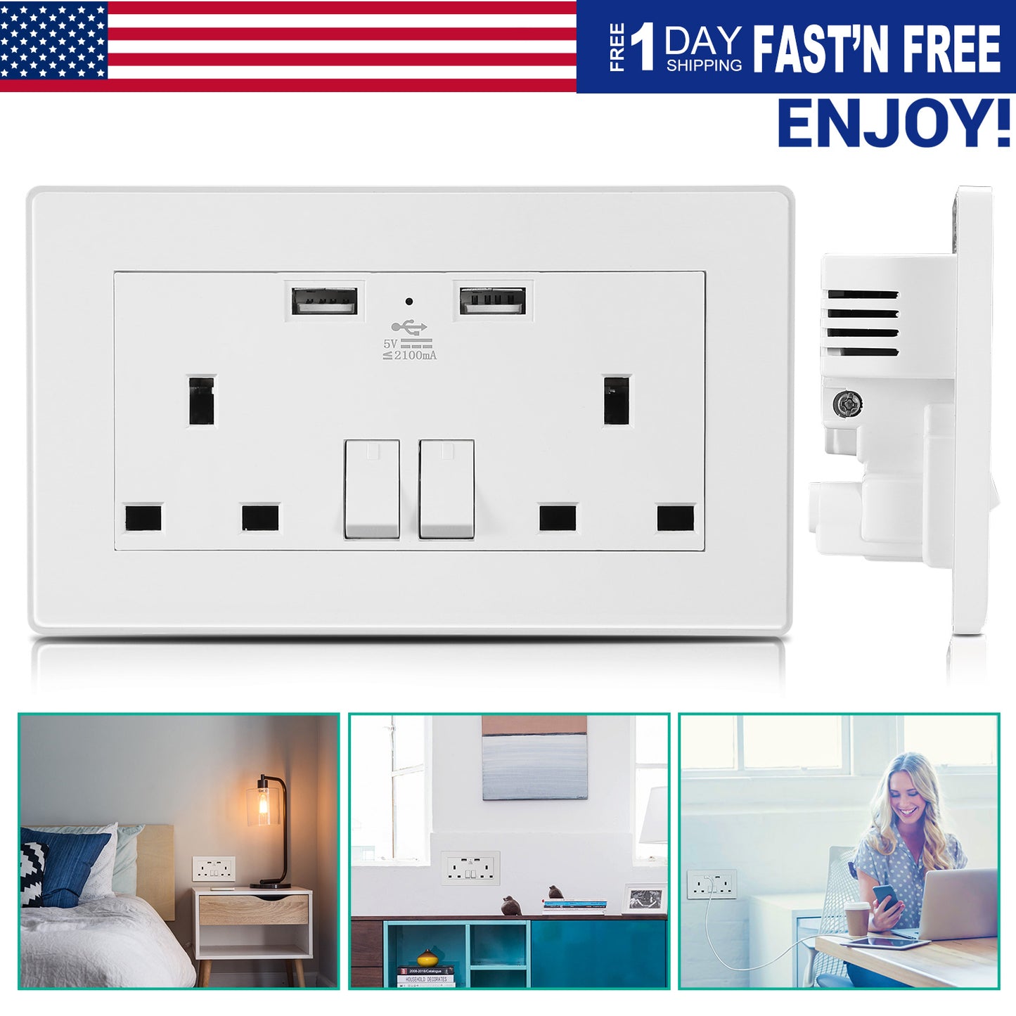 UK Wall Outlet Dual Wall Plug Socket Duplex 2.1A USB Wall Charger with Plug Switch Light Indicator
