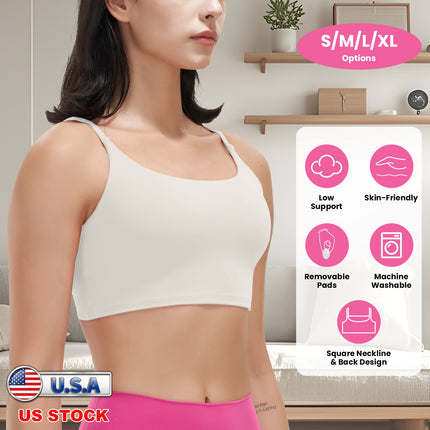 Women Strap Sport Bras Padded Strappy Crop Square Neck Low Impact Bras Sexy Fitness Tank Tops with Removable Pads Flat Straps for Gym Yoga Workout Run