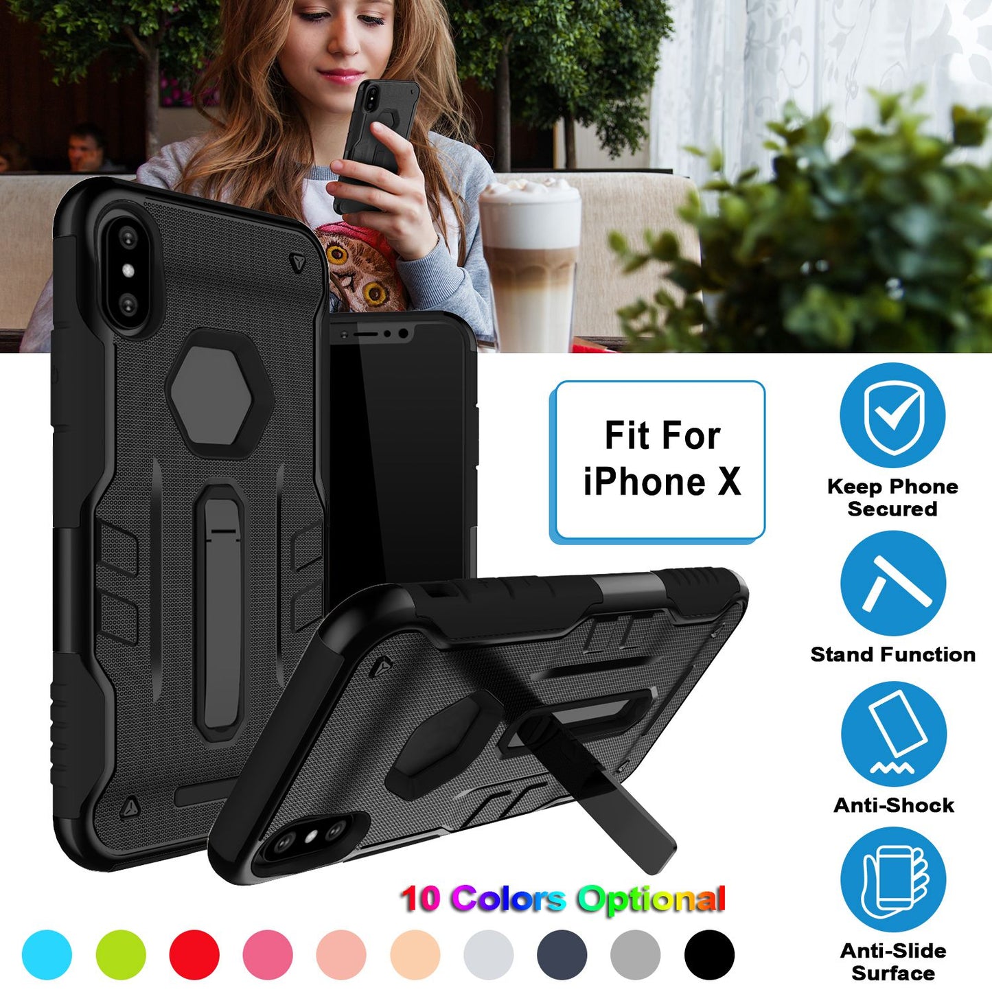 Rugged Phone Case for iPhone X Drop-protection Phone Case with Kickstand Heavy Duty Dual Layers Phone Protective Cover