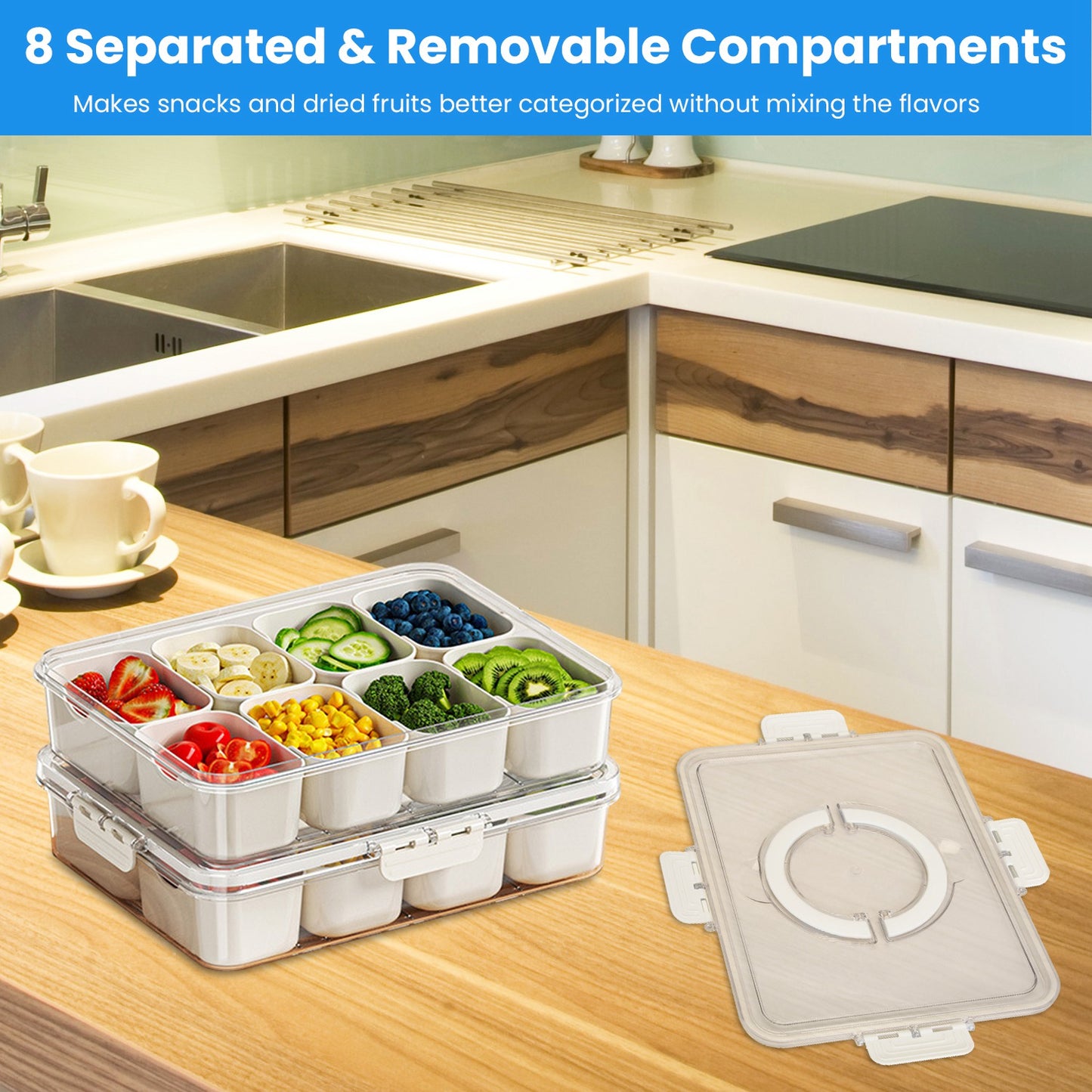 2Pcs Divided Serving Tray 8 Compartments Snack Box Charcuterie Container Clear Snack Platter Organizer Storage Box with Lid Handle for Candy Nuts Cook