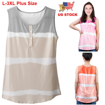 Women Tie-dye Sleeveless Tank Tops Summer Loose T Shirts Tops Button Down Shirts Vest Blouse Plus Size