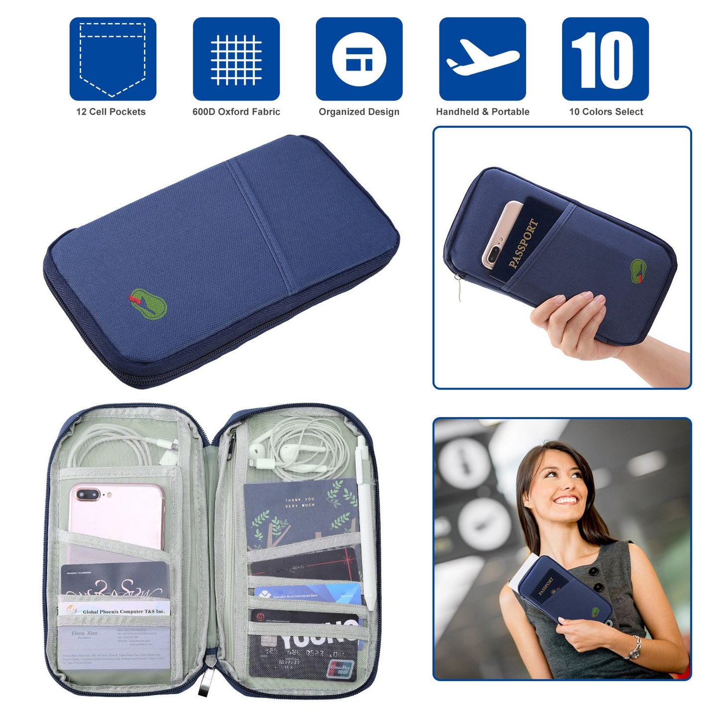 Travel Passport Wallet 12Cells Ticket ID Credit Card Holder Water Repellent Documents Phone Organizer Zipper Case Business Trip Daily Use