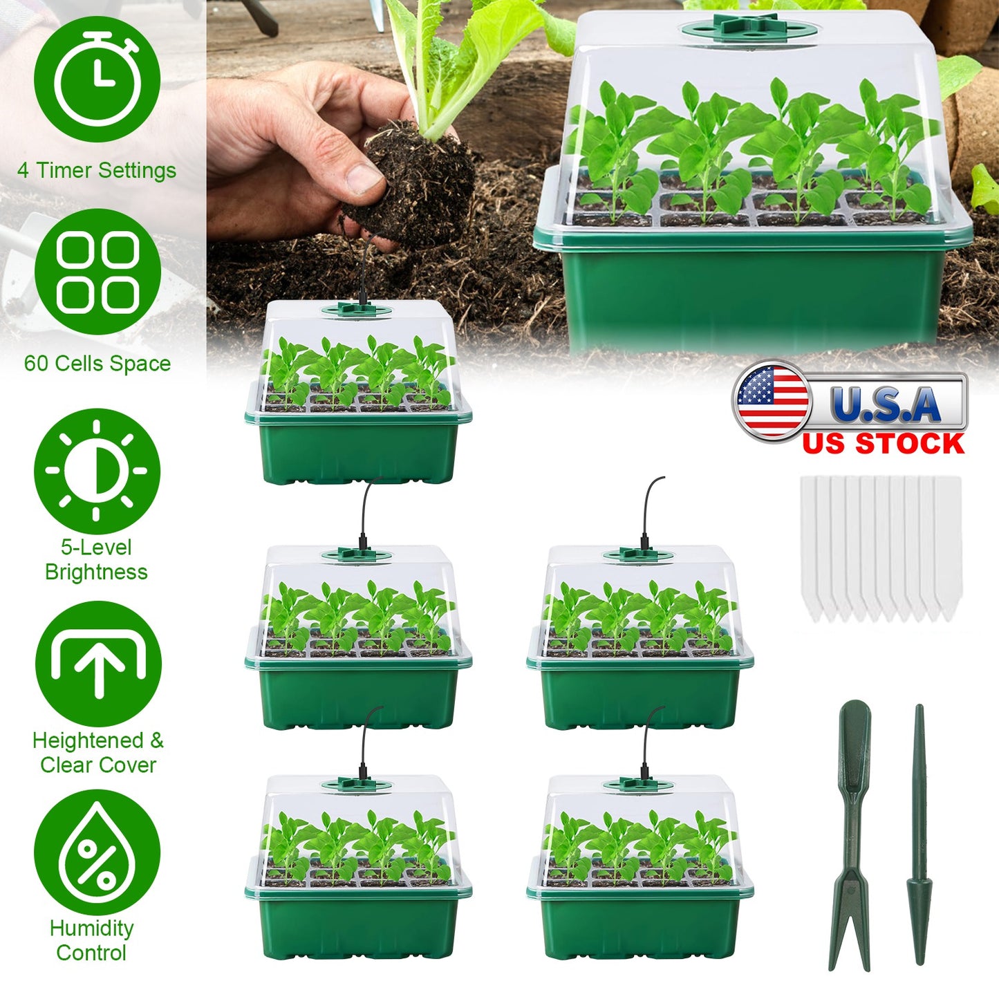 5Packs Seed Starter Tray With Grow Light Humidity Dome Germination Kit with 5-Level Brightness 4 Timers for Indoor Greenhouse