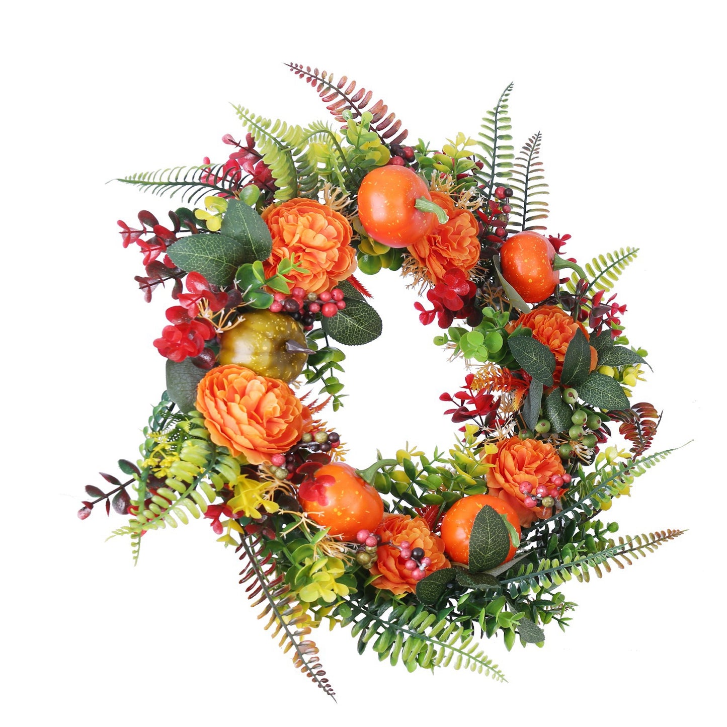 17.71IN Autumn Wreath with Pumpkin Mixed Leaves Berries Flowers Fall Decoration for Indoor Outdoor Window Wall Front Door in Halloween Thanks Giving D