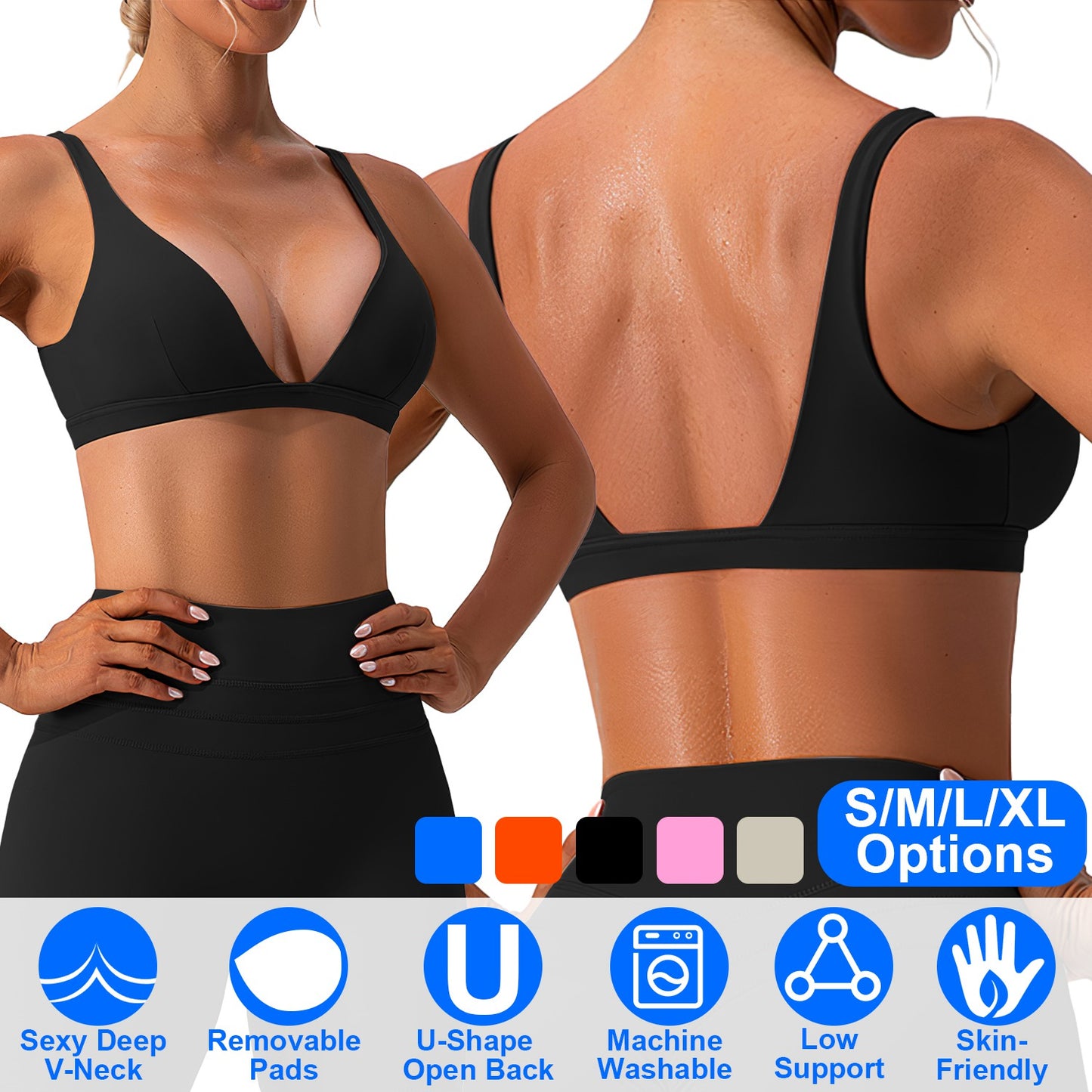 Women Deep V-Neck Sports Bras U-Shaped Back Sport Bras Padded StrappyÊCrop Open Back Low Impact Bras SexyÊFitnessÊTank Tops with Removable Pads for Gy