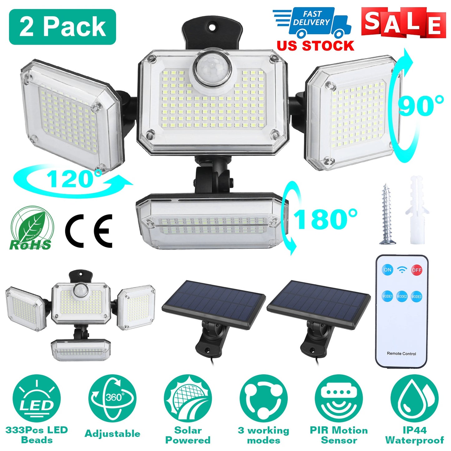 2 Pack Solar Powered Wall Lights IP44 Waterproof Motion Sensor Lamps with Separate Solar Panel 4 Adjustable Heads 333Pcs Beads 120¡ Sensing Angle Remo