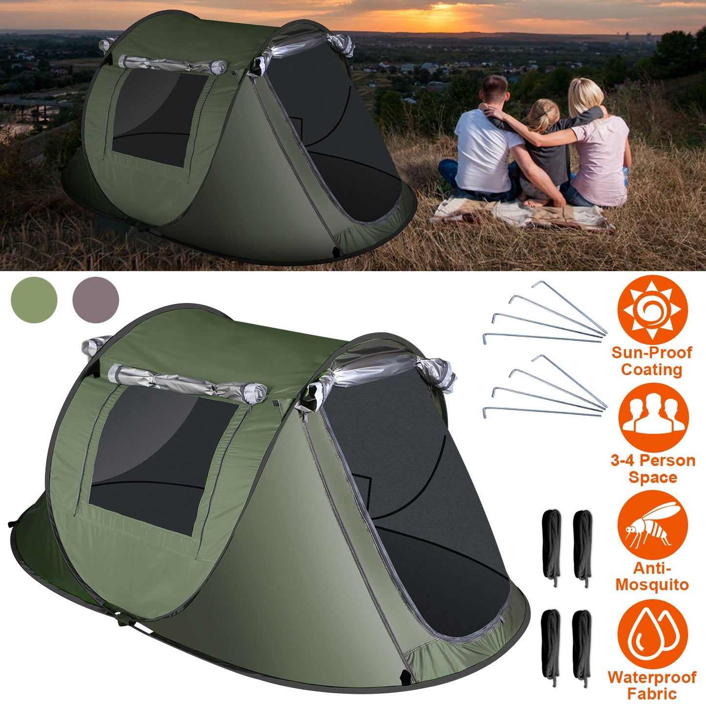 3-4 Person Pop Up Tent Automatic Setup Camping Tent Waterproof InstantÊSetup Tent with 2 Mosquito Net Windows Carrying Bag for Hiking Climbing Adventu
