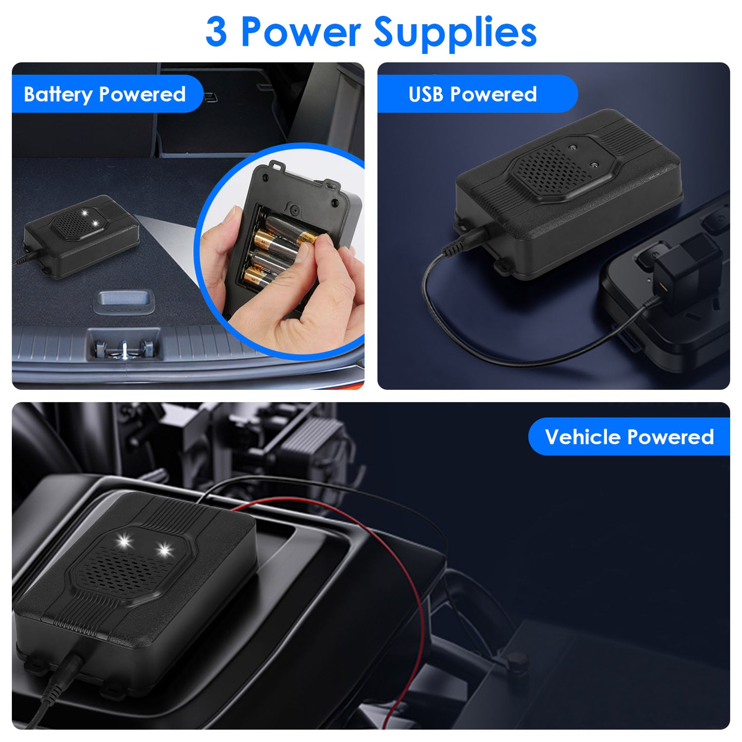 2 Pack Under Hood Ultrasonic Rodent Repeller Rodent Control Deterrent Chaser Blocker for Vehicle Indoor with Strobe Light 3 Power Supplies