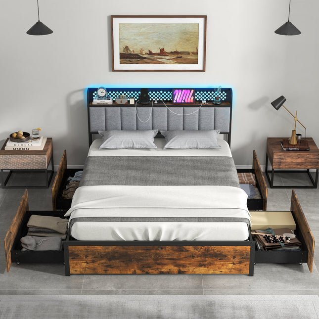 Twin/Full/Queen Bed Frame with LED Lights Upholstered Headboard and 4 Storage Drawers