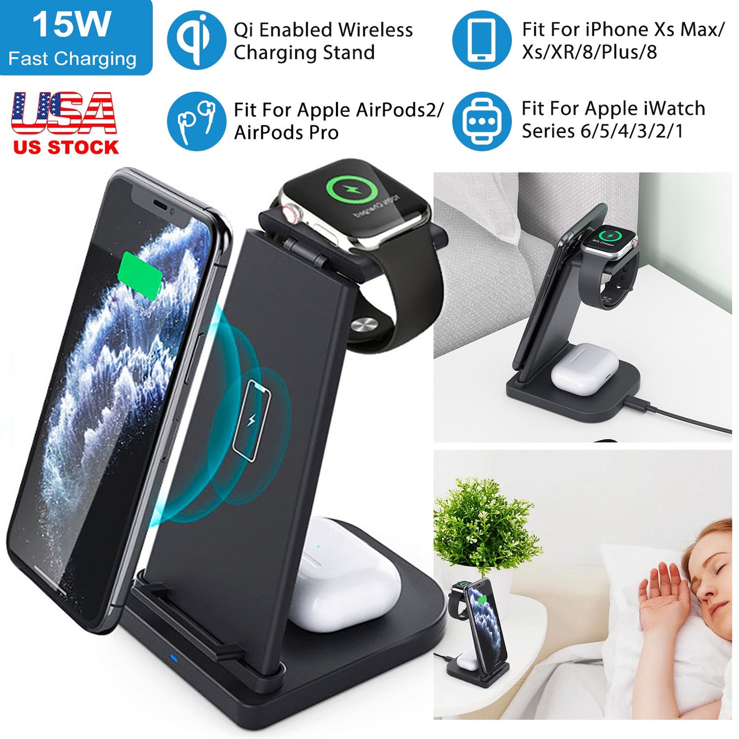 3-in-1 Wireless Qi Enabled Charger Dock 15W Fast Charging Station For iPhone Apple iWatch Series 6/5/4/3/2/1 AirPods 2 AirPods Pro Fit For iPhone Xs M