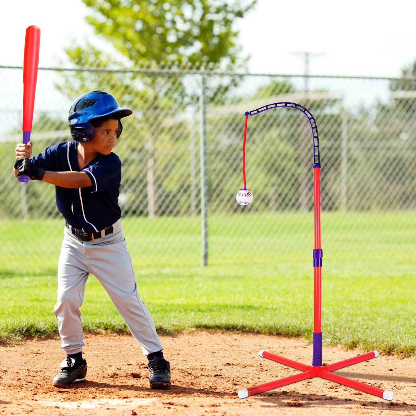 3-In-1 Baseball Toy Set For 3-5Years Old Kids And Toddlers Includes Tee Ball Stand Hanging Tee Automatic Ball Launcher with Adjustable Height For Indo