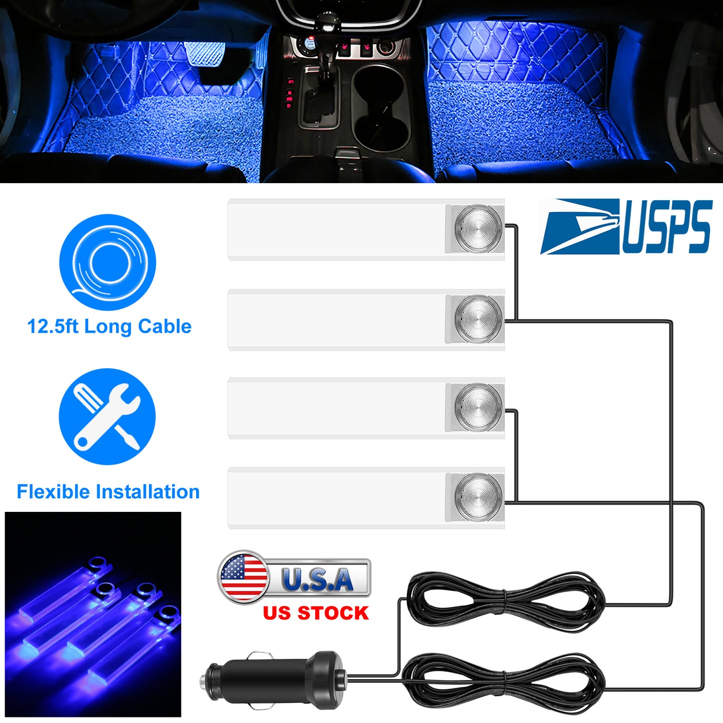 4Pcs Car Interior LED Atmosphere Light Car Charge Decorative Lamp DC 12V Blue Light