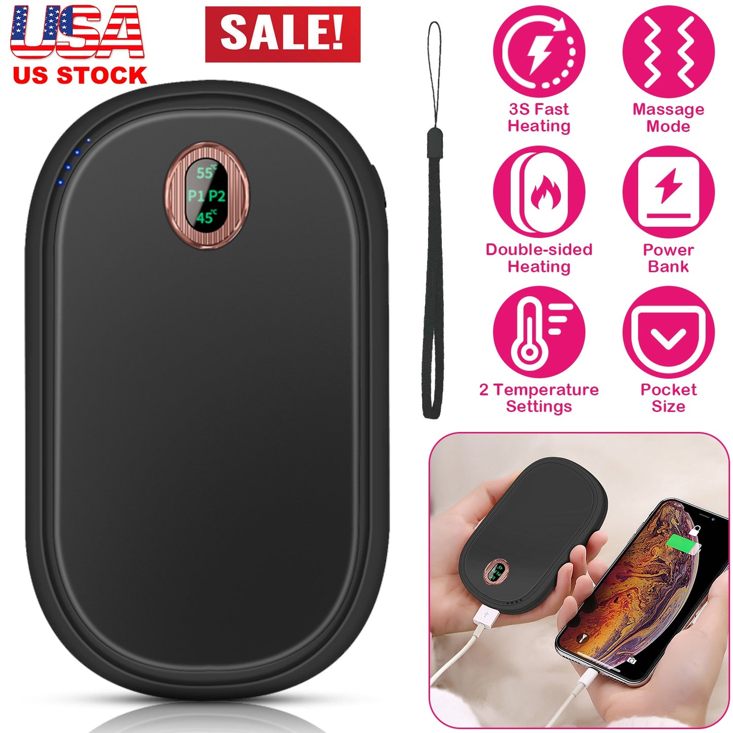 Rechargeable Hand Warmer Electric Hand Heater Portable Reusable Pocket Warmer Power Bank with Digital Display 2 Levels Double-sided Heating