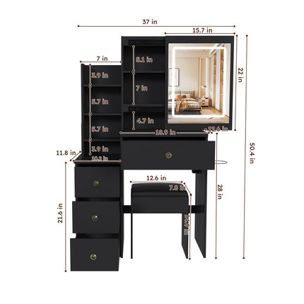 Vanity Desk Set with Lighted Mirror, 4 Drawers & Stool
