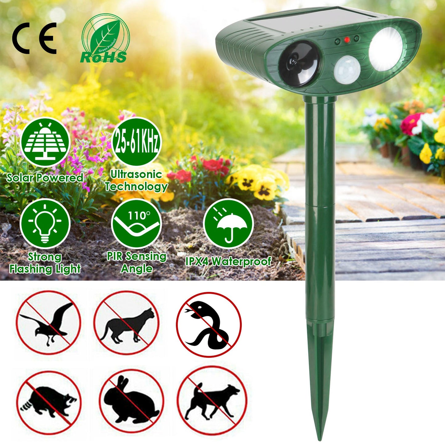 Solar Ultrasonic Animal Repeller PIR Sensor Animal Repellent Chaser with Flashing Light IPX4 Waterproof for Chasing Deer Raccoon Squirrel Rat Skunk Ra