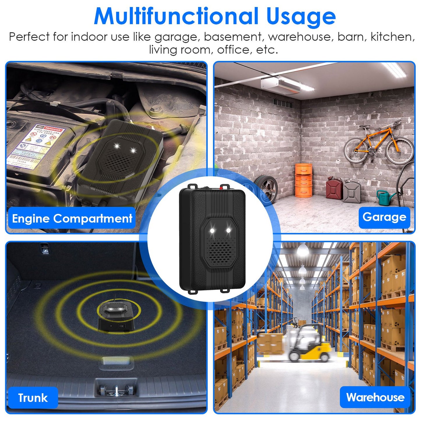 2 Pack Under Hood Ultrasonic Rodent Repeller Rodent Control Deterrent Chaser Blocker for Vehicle Indoor with Strobe Light 3 Power Supplies