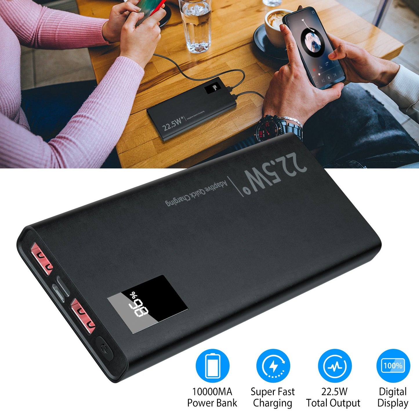 10000Mah Power Bank Portable Charger External Battery Pack 22.5W Super Fast Charging PD &QC 3.0 with LED Display Fit for iPhone Samsung