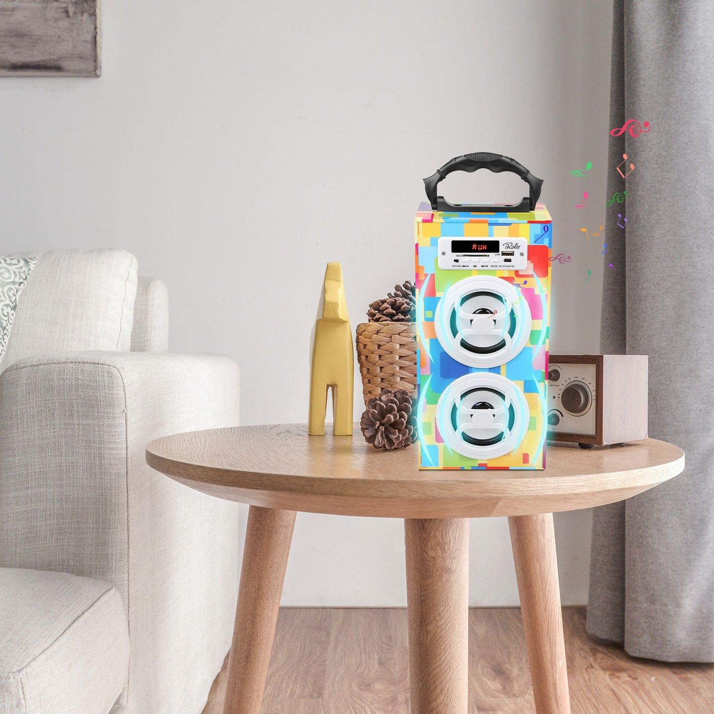 iRola Wireless Speaker 10W Powerful Subwoofer Wooden Loudspeaker FM AUX MMC for iPhone X Samsung S9 Tablet PC