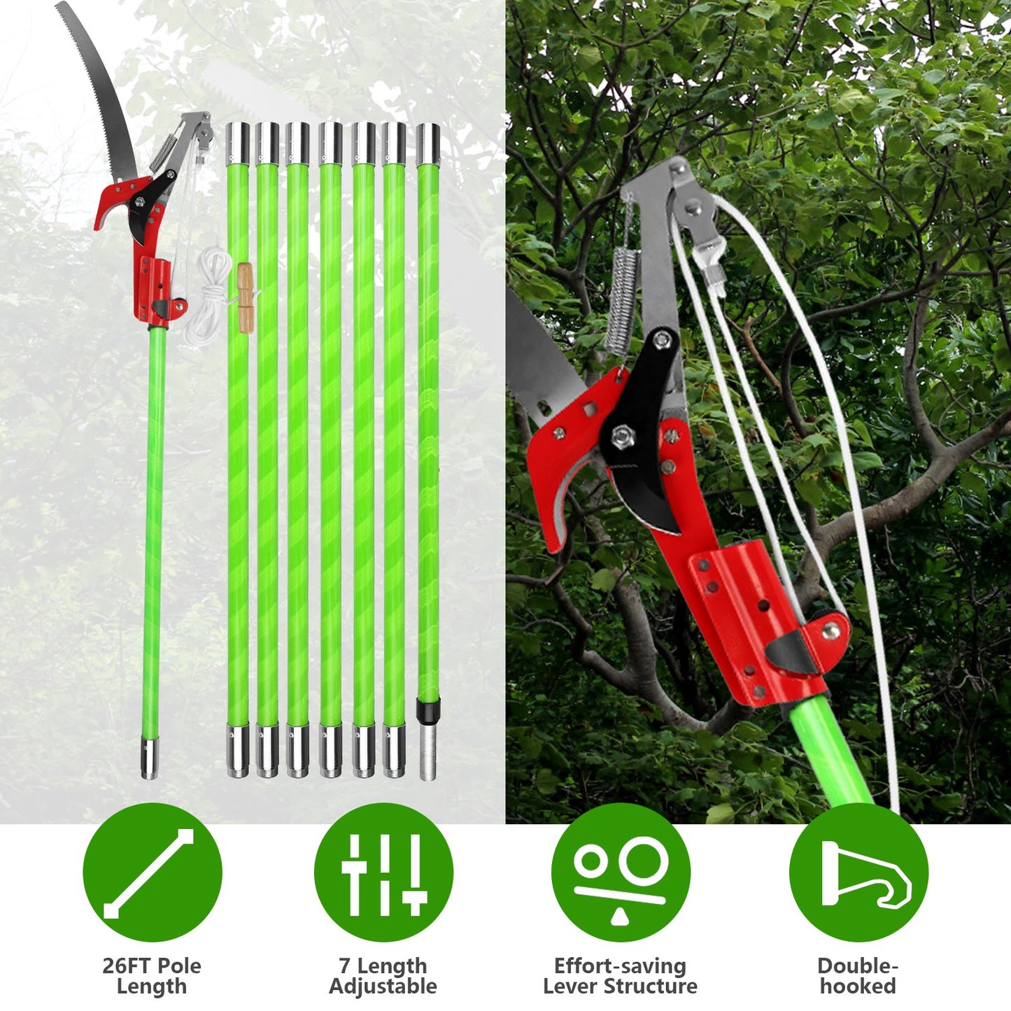 2 In 1 Extra Long Manual Pole Saw 8.23-28.25FT Extendable Tree Pruner for High Branches with Pruner Scissors 2 Double-hooked Saw Blades Goggles Gloves