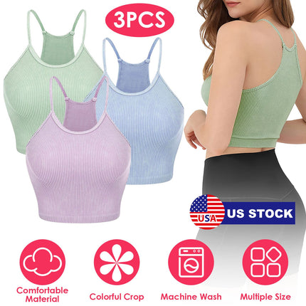 3 Pack Women Crop Basic Tank Top Ribbed Knit Sleeveless Round Neck 9 Color Machine Wash Summer Crop S to XL
