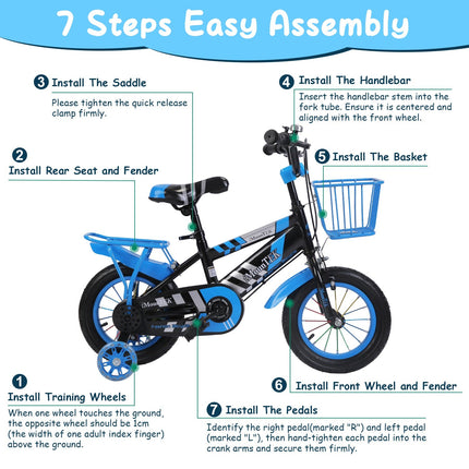 16In Kids\' Bike with Training Wheels Children Bicycle with Helmet Basket Rear Seat Chain Guard for Boys Aged 4-7