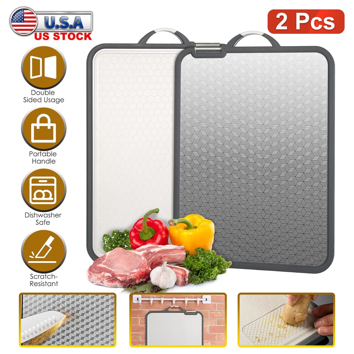 2Pcs Double Sided Cutting Board Stainless Steel PP Chopping Board Lightweight Kitchen Cutting Board Mesh Design with Grinding Zone Knife Sharpener Han