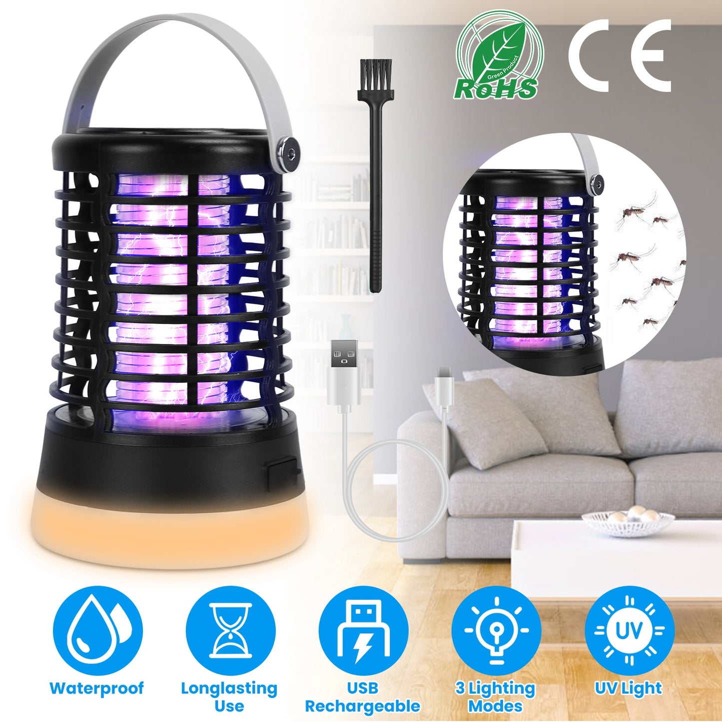 4 In 1 Bug Zapper Light Rechargeable Mosquito Zapper for Indoor Outdoor  Waterproof Mosquito Killer Lamp with 3 Lighting Modes for Patio Yard Home