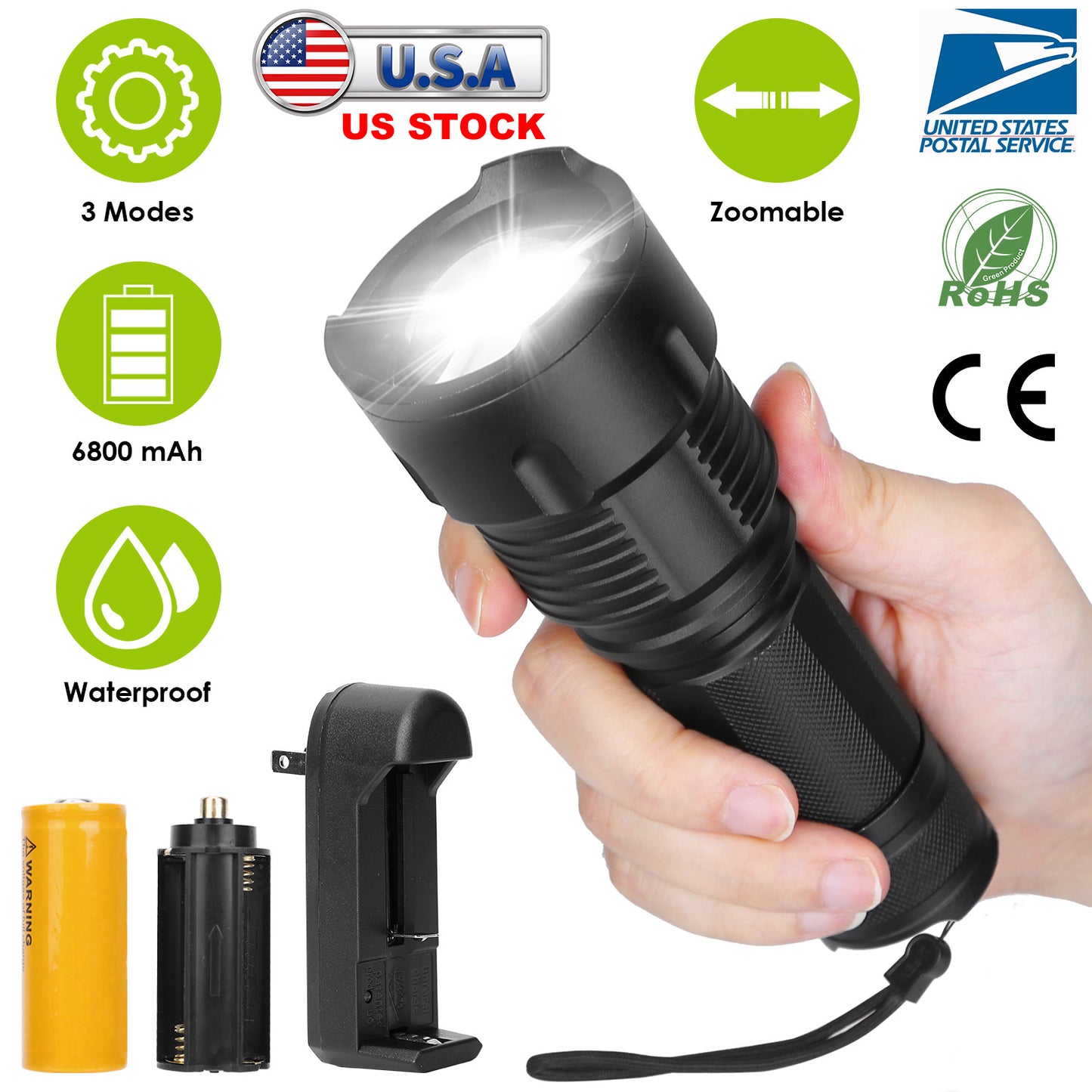 LED Rechargeable Flashlight Zoomable Aluminum Alloy Flashlight Torch w/High Low Strobe Night Light For Night Walking Adventure Searching