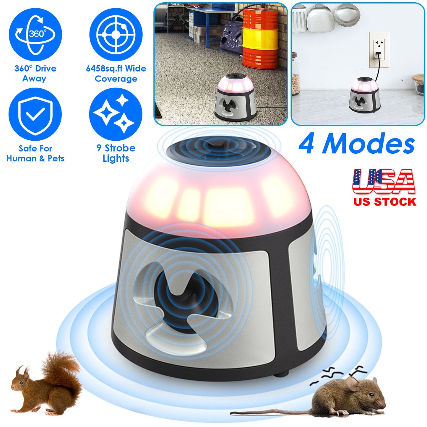 360¡Ultrasonic Mice Repellent Indoor Rodent Repeller Rat Squirrel Rodent Control Device with 4 Modes 9 Strobe Lights Alarm Horn for Kitchen Warehouse