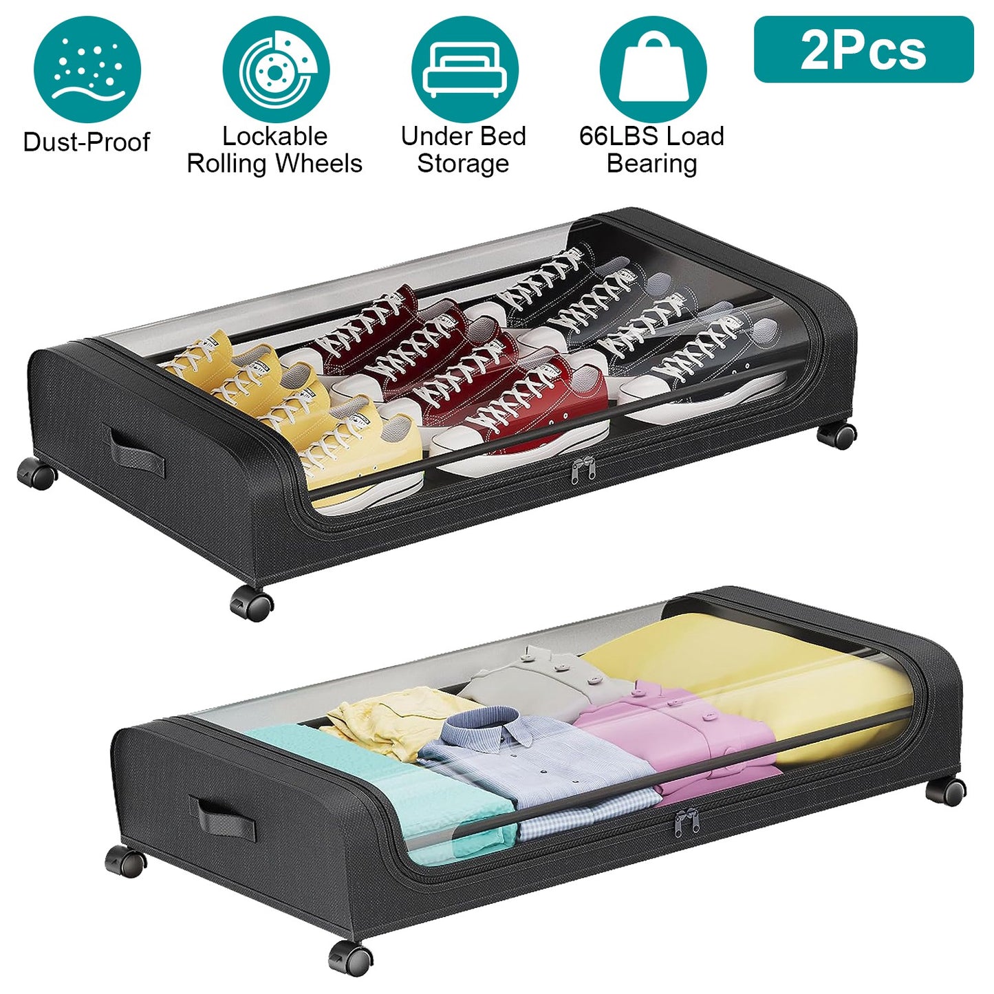 2Packs Under Bed Storage Containers Rolling Clothing Organizer 42L/11Gal Under BedÊDrawers with Clear Lid 360¡ Lockable Rolling Wheels Strap Handles