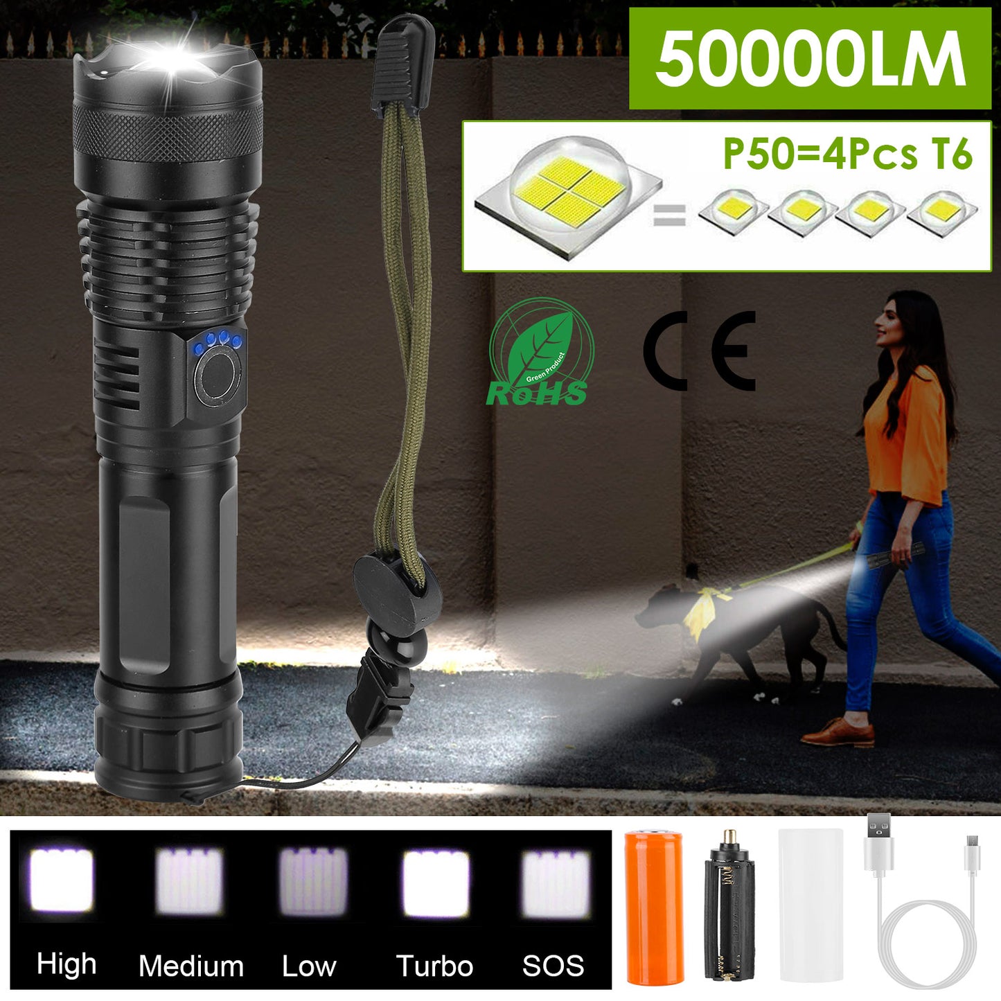 Tactical LED Flashlight Zoomable Rechargeable Search Light Torch 50000LM with 5Modes SOS Night Light For Night Walking Adventures