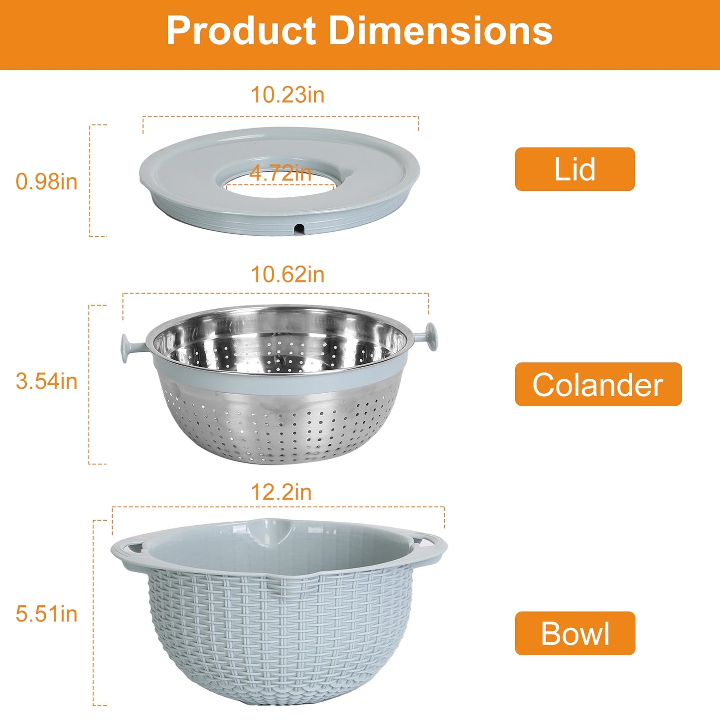 Multifunctional Mixing Bowl with Lid Set 3 Replaceable Graters Food Strainer and Colander Fruit Vegetable Washing Basket Stainless Steel