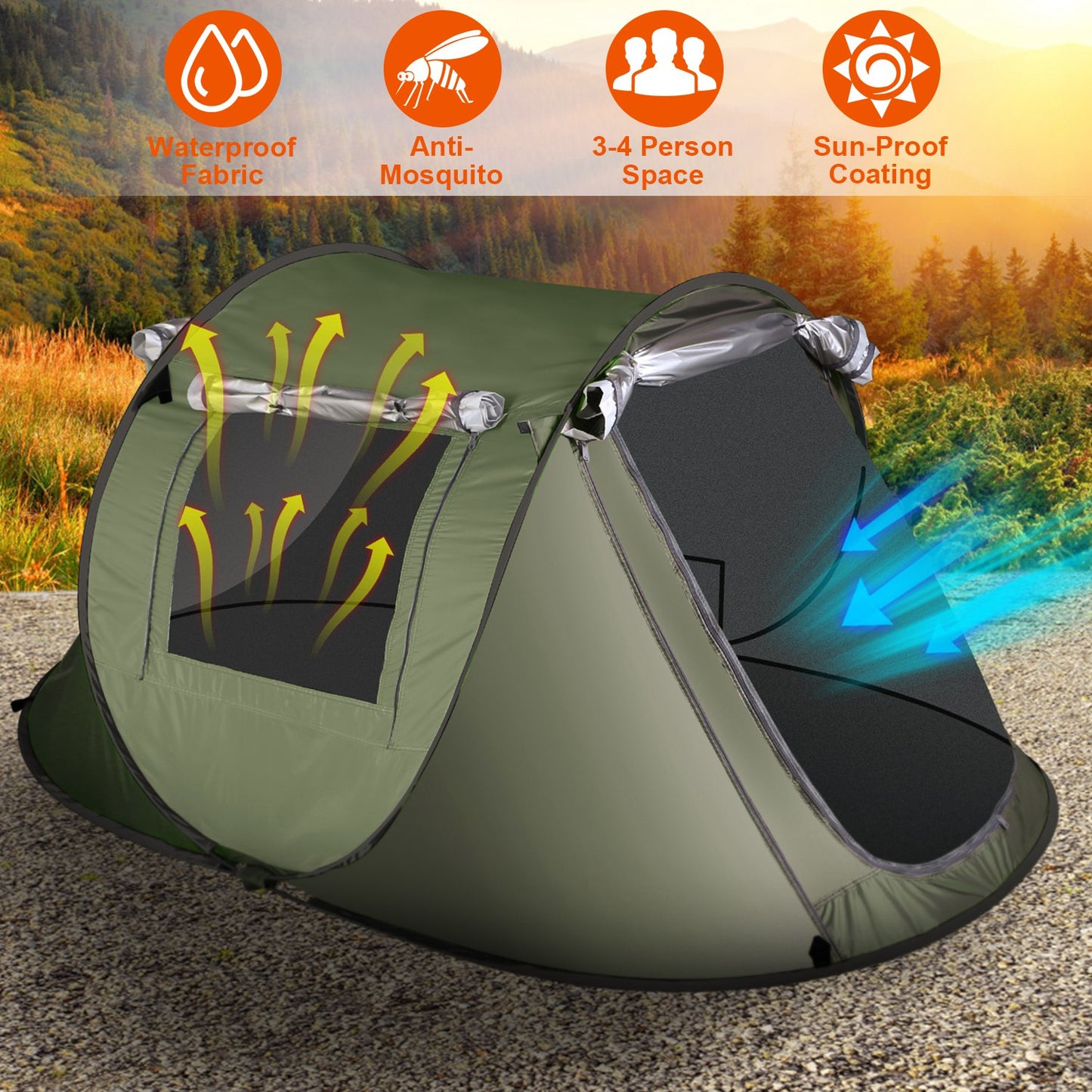 3-4 Person Pop Up Tent Automatic Setup Camping Tent Waterproof InstantÊSetup Tent with 2 Mosquito Net Windows Carrying Bag for Hiking Climbing Adventu