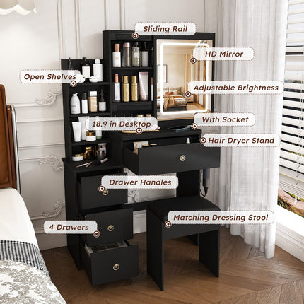 Vanity Desk Set with Lighted Mirror, 4 Drawers & Stool