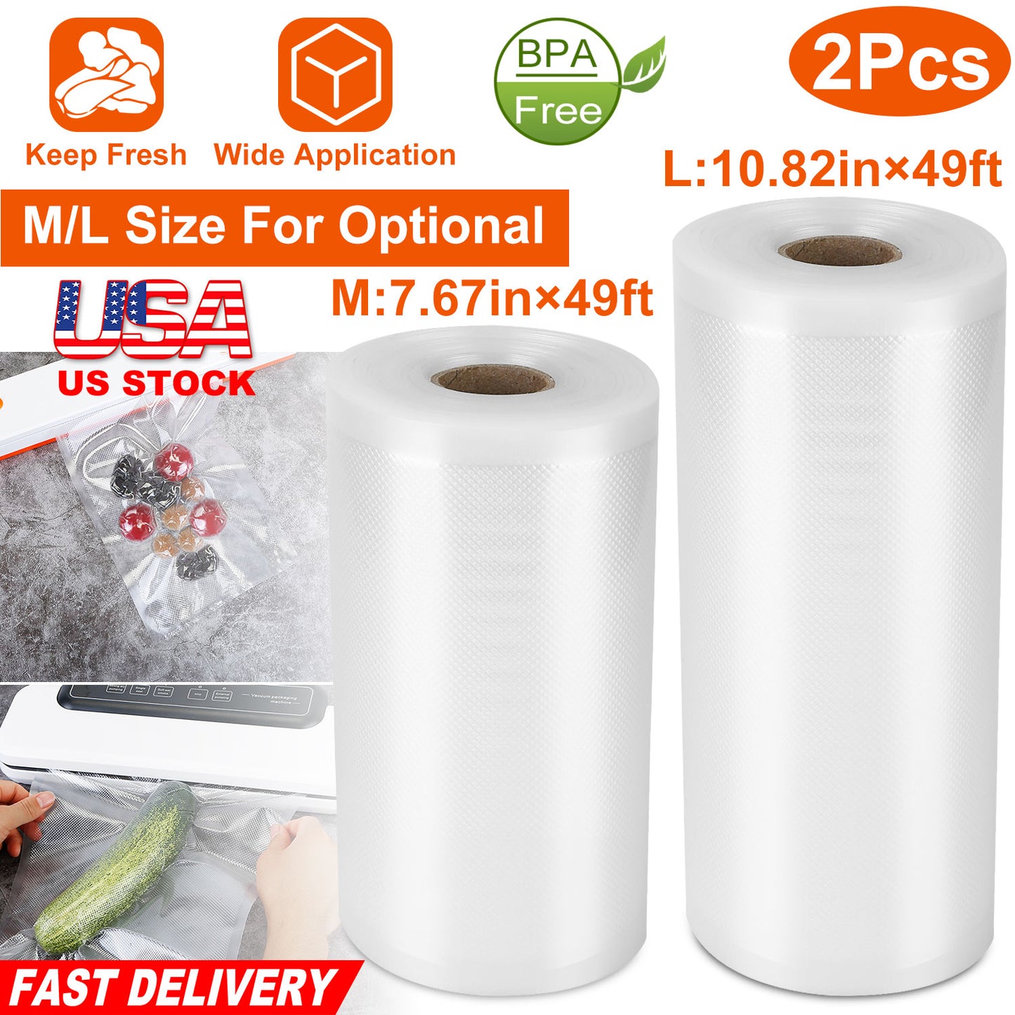 2 Rolls of Vacuum Sealer Bags 10.82inx49ft BPA Free Safe Vacuum Bags Keep Fresh Vacuum Machine (L)