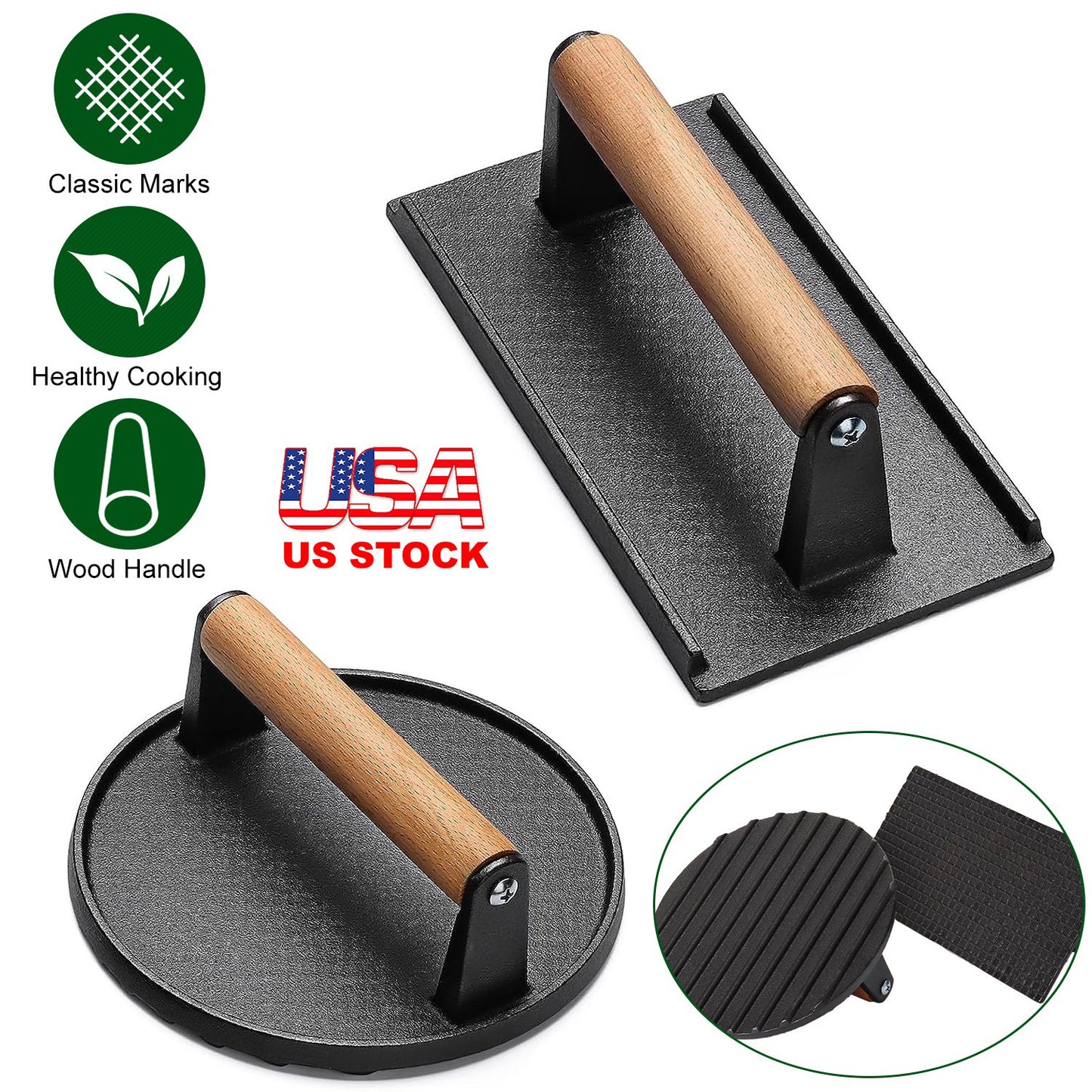 2Pcs Cast Iron Grill Press Pre-Seasoned Steak Weights Smash Burger Press Bacon Meat Smasher with Wood Handle 7in Round & 8.2x4.25in Rectangular Grill