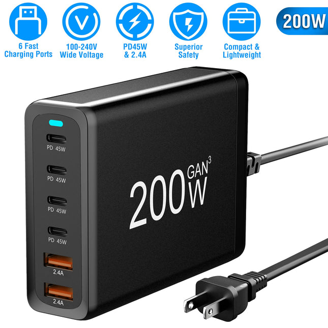 200W Fast Wall Charger with 6 Charging Ports Desktop USB Charging Station PD45W 2.4A GaN Power Adapter Fit for IOSPhone 14 13 12 11 Samsung S22 S21 Sw