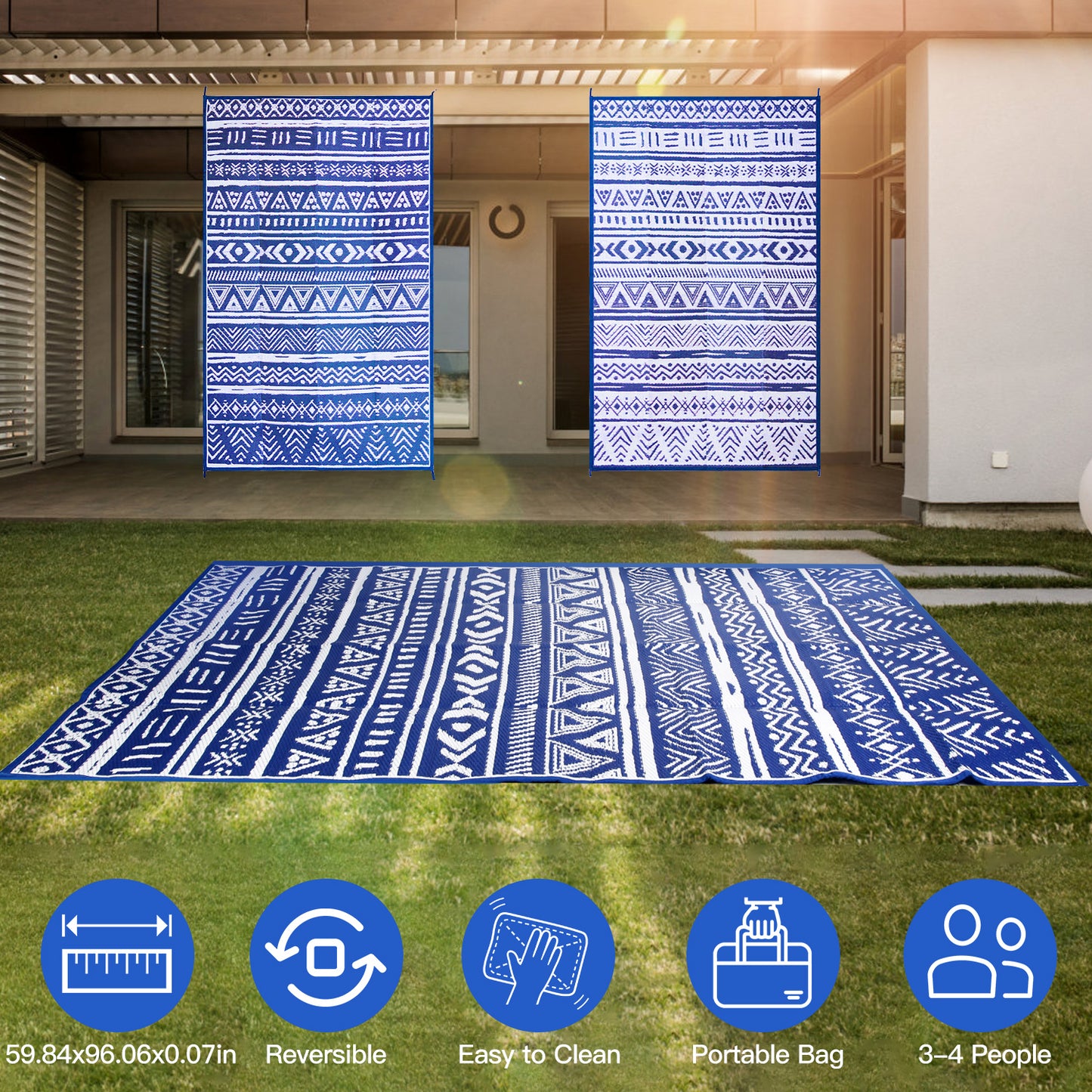 4.98x8FT Reversible Outdoor Rug Waterproof Mat with Storage Bag Portable Plastic Carpet Indoor Outdoor Activity for Picnic Patio Deck RV Trip Blue & W
