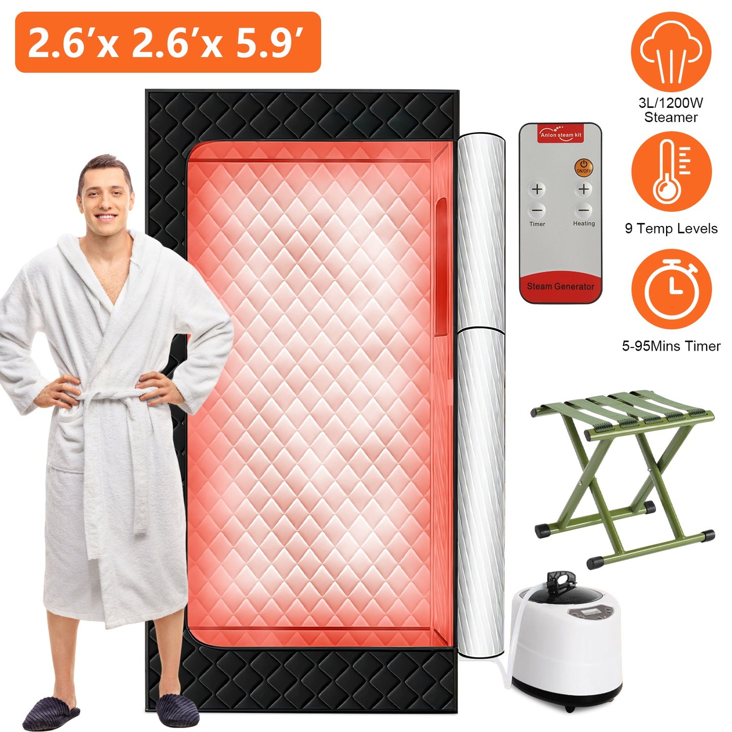 2.6x 2.6x 5.9FTPortable Sauna Tent 1 Person Steam Sauna for Home with 3L/1200W Steamer Folding Chair Remote Control 9 Steam Output Levels 5-95Mins Tim
