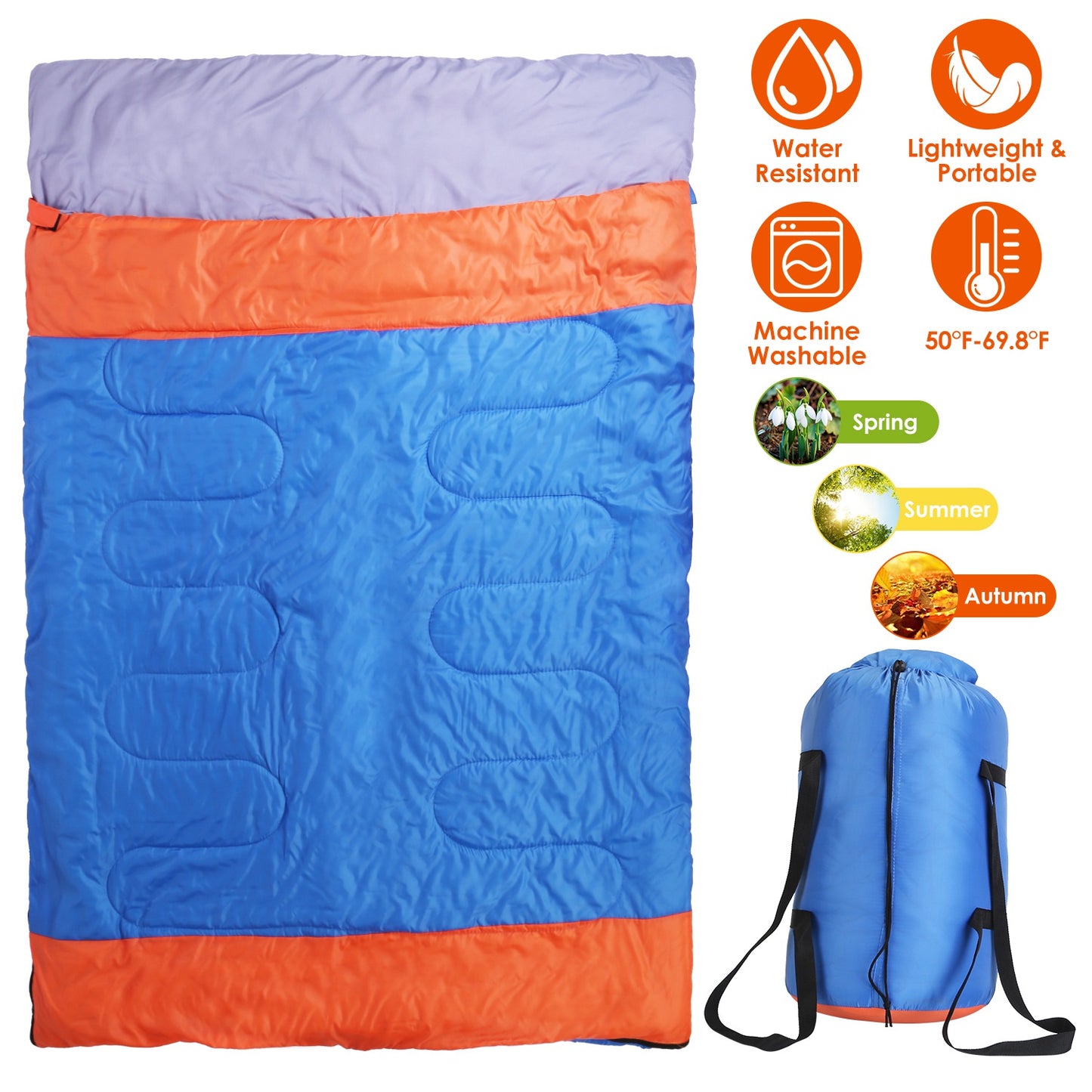 3 People Sleeping Bag for Adult Kids Lightweight Water Resistant Camping Cotton Liner Cold Warm Weather Indoor Outdoor Use 3 Season with Sack for Spri