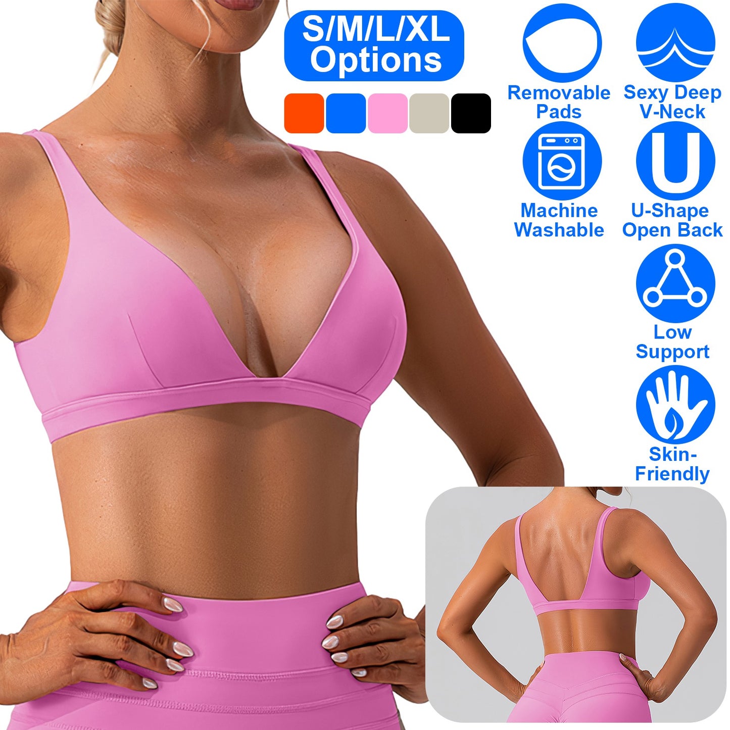 Women Deep V-Neck Sports Bras U-Shaped Back Sport Bras Padded StrappyÊCrop Open Back Low Impact Bras SexyÊFitnessÊTank Tops with Removable Pads for Gy