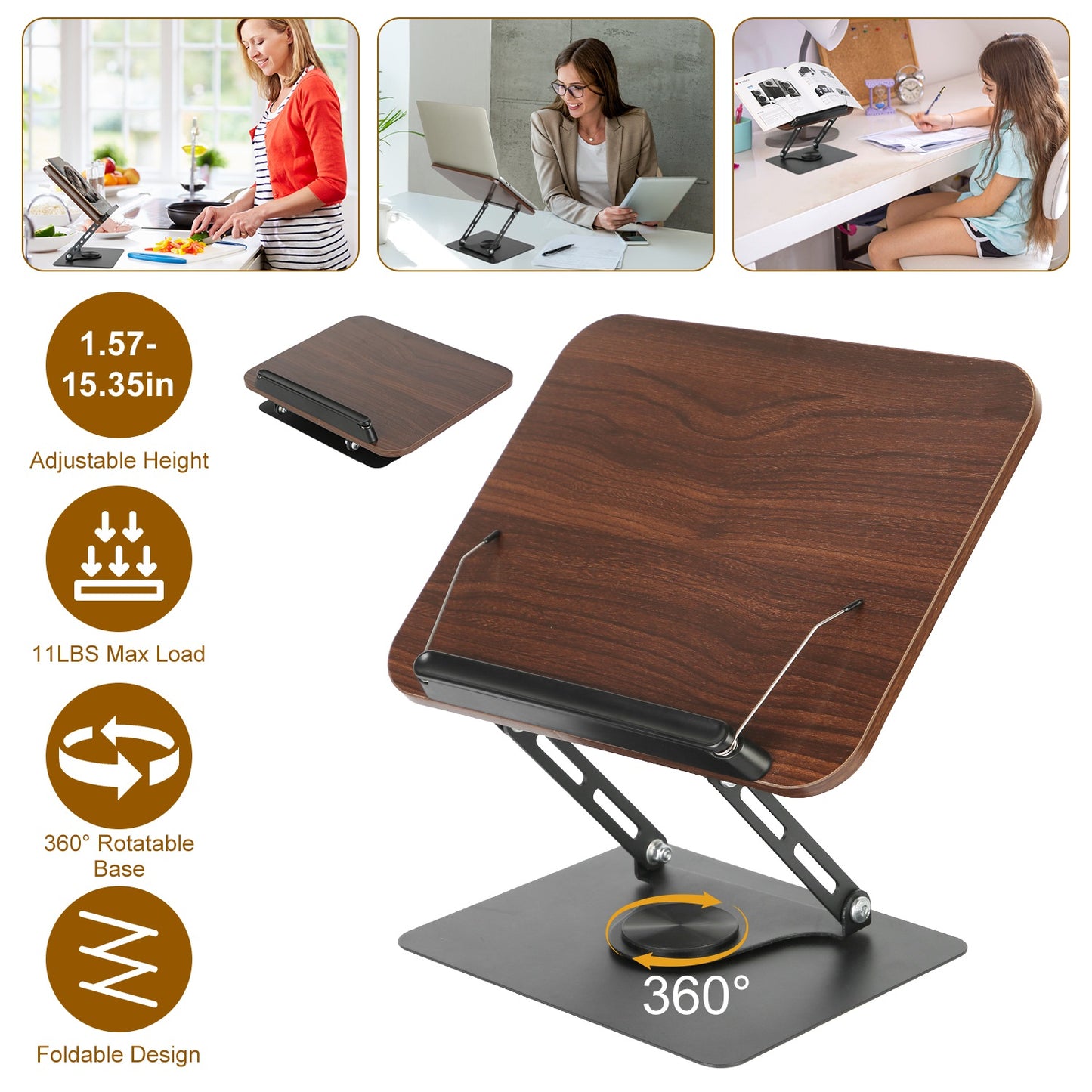 Book Stand for Reading Foldable Wood Book Holder Reading Rack Paper Stand with Adjustable Height 360¡ Rotatable Base Dual Paper Clips for Book Sheet M